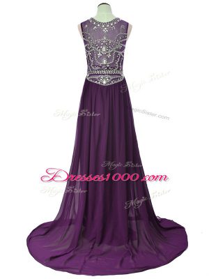 Admirable Purple Empire Beading Homecoming Dress Side Zipper Elastic Woven Satin Short Sleeves