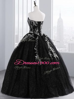 Sexy Sleeveless Floor Length Embroidery Lace Up Quince Ball Gowns with Black