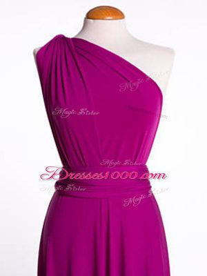 Glamorous One Shoulder Sleeveless Criss Cross Quinceanera Court Dresses Fuchsia Chiffon and Silk Like Satin