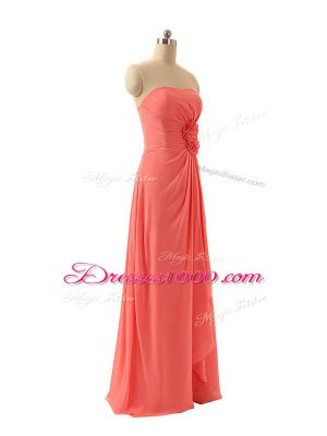 Watermelon Red Chiffon Zipper Bridesmaid Dresses Sleeveless Floor Length Hand Made Flower