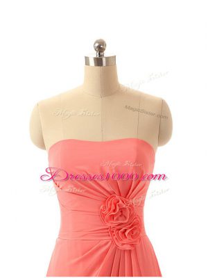 Watermelon Red Chiffon Zipper Bridesmaid Dresses Sleeveless Floor Length Hand Made Flower