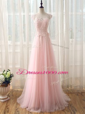 Sexy Baby Pink Cap Sleeves Tulle Brush Train Zipper Bridesmaid Dresses for Prom and Party and Wedding Party
