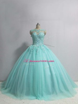 Exquisite Tulle Scoop Sleeveless Lace Up Appliques Quinceanera Dress in Aqua Blue