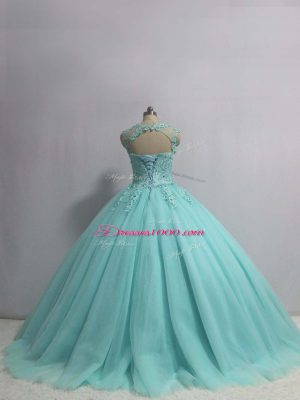 Exquisite Tulle Scoop Sleeveless Lace Up Appliques Quinceanera Dress in Aqua Blue