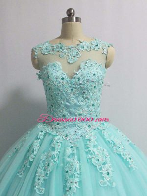 Exquisite Tulle Scoop Sleeveless Lace Up Appliques Quinceanera Dress in Aqua Blue