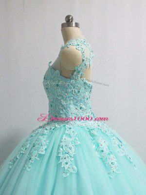 Exquisite Tulle Scoop Sleeveless Lace Up Appliques Quinceanera Dress in Aqua Blue