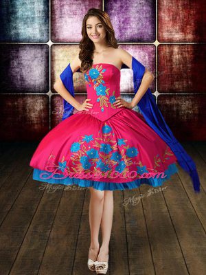 Floor Length Lace Up Quinceanera Gowns Hot Pink for Military Ball and Sweet 16 and Quinceanera with Embroidery