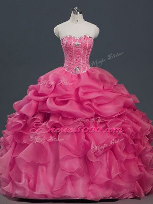 Comfortable Hot Pink Sleeveless Floor Length Beading and Ruffles and Pick Ups Lace Up Quinceanera Dress