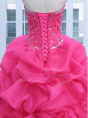 Comfortable Hot Pink Sleeveless Floor Length Beading and Ruffles and Pick Ups Lace Up Quinceanera Dress