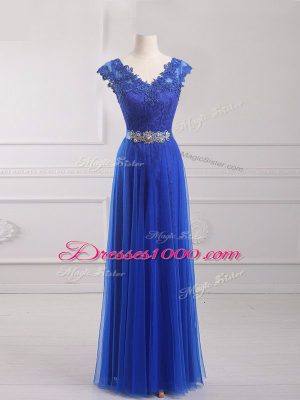 Smart Short Sleeves Tulle Floor Length Lace Up Prom Dress in Royal Blue with Beading and Lace and Appliques and Belt