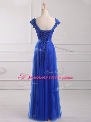 Smart Short Sleeves Tulle Floor Length Lace Up Prom Dress in Royal Blue with Beading and Lace and Appliques and Belt