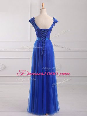 Smart Short Sleeves Tulle Floor Length Lace Up Prom Dress in Royal Blue with Beading and Lace and Appliques and Belt