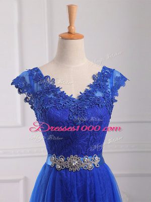 Smart Short Sleeves Tulle Floor Length Lace Up Prom Dress in Royal Blue with Beading and Lace and Appliques and Belt