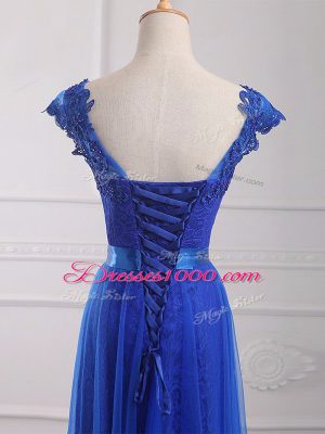 Smart Short Sleeves Tulle Floor Length Lace Up Prom Dress in Royal Blue with Beading and Lace and Appliques and Belt