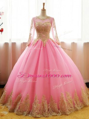 Fancy Scoop Long Sleeves Sweet 16 Quinceanera Dress Floor Length Appliques Pink Organza
