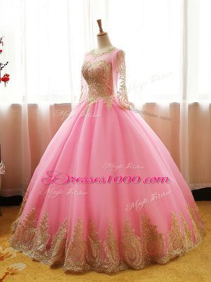 Fancy Scoop Long Sleeves Sweet 16 Quinceanera Dress Floor Length Appliques Pink Organza