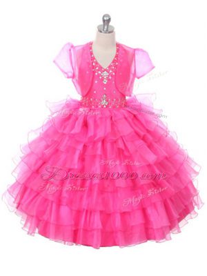 Amazing Hot Pink Sleeveless Floor Length Beading and Ruffled Layers Lace Up Party Dress Wholesale
