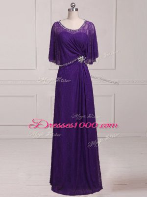 Luxurious Purple Empire Lace Scoop Sleeveless Beading and Appliques Floor Length Zipper Mother Dresses