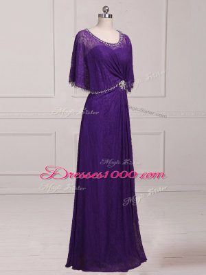 Luxurious Purple Empire Lace Scoop Sleeveless Beading and Appliques Floor Length Zipper Mother Dresses