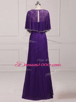 Luxurious Purple Empire Lace Scoop Sleeveless Beading and Appliques Floor Length Zipper Mother Dresses