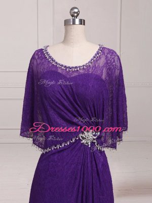 Luxurious Purple Empire Lace Scoop Sleeveless Beading and Appliques Floor Length Zipper Mother Dresses