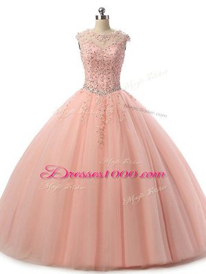 Peach Ball Gowns Beading and Lace Quinceanera Dress Lace Up Tulle Sleeveless Floor Length