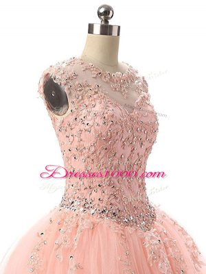 Peach Ball Gowns Beading and Lace Quinceanera Dress Lace Up Tulle Sleeveless Floor Length