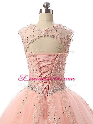 Peach Ball Gowns Beading and Lace Quinceanera Dress Lace Up Tulle Sleeveless Floor Length