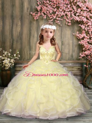 Spaghetti Straps Sleeveless Tulle Child Pageant Dress Beading and Ruffles Lace Up