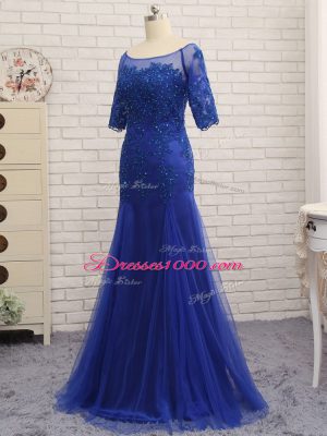 Half Sleeves Tulle Zipper Mother of Groom Dress in Royal Blue with Lace and Appliques