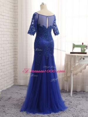 Half Sleeves Tulle Zipper Mother of Groom Dress in Royal Blue with Lace and Appliques