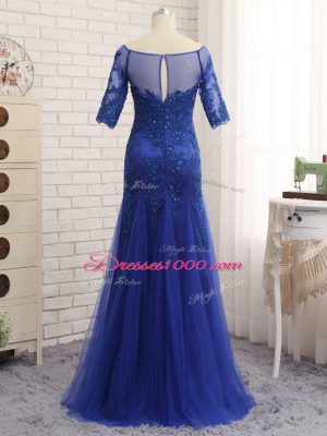 Half Sleeves Tulle Zipper Mother of Groom Dress in Royal Blue with Lace and Appliques