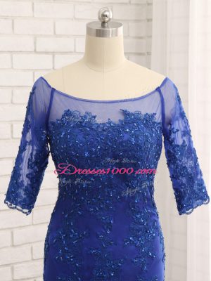 Half Sleeves Tulle Zipper Mother of Groom Dress in Royal Blue with Lace and Appliques