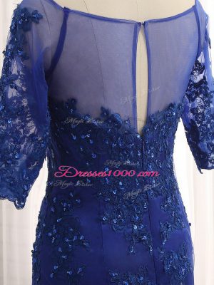 Half Sleeves Tulle Zipper Mother of Groom Dress in Royal Blue with Lace and Appliques