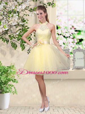 Halter Top Sleeveless Lace Up Court Dresses for Sweet 16 Light Yellow Tulle