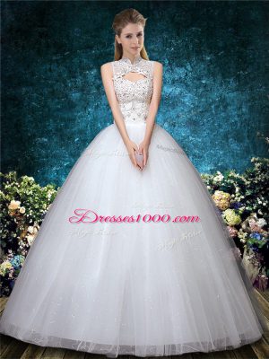 Custom Designed White Tulle Lace Up High-neck Sleeveless Floor Length Wedding Gowns Beading and Appliques and Embroidery