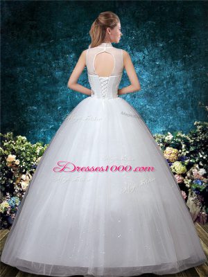 Custom Designed White Tulle Lace Up High-neck Sleeveless Floor Length Wedding Gowns Beading and Appliques and Embroidery