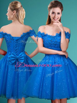 Elegant Blue Tulle Lace Up Off The Shoulder Sleeveless Knee Length Dama Dress for Quinceanera Lace and Belt