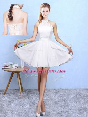 Suitable White A-line Chiffon Halter Top Sleeveless Lace Knee Length Lace Up Bridesmaid Dresses