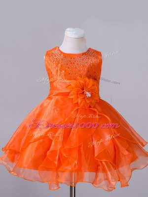 Knee Length Orange Red Girls Pageant Dresses Organza Sleeveless Beading and Hand Made Flower