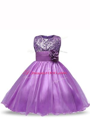 Dazzling Ball Gowns Kids Pageant Dress Purple Scoop Organza Sleeveless Knee Length Zipper