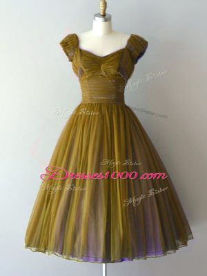 Artistic Olive Green Quinceanera Court of Honor Dress Prom and Party and Sweet 16 with Ruching V-neck Cap Sleeves Lace Up