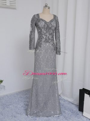 Grey Zipper Sweetheart Beading and Lace Mother of Groom Dress Lace Long Sleeves