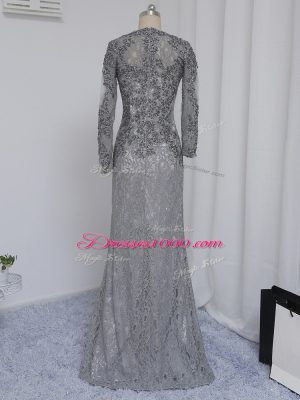 Grey Zipper Sweetheart Beading and Lace Mother of Groom Dress Lace Long Sleeves