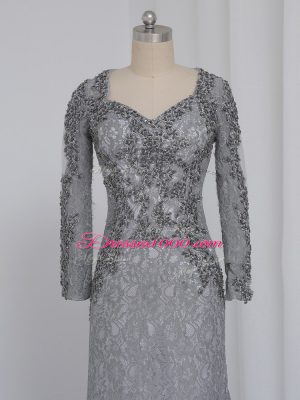 Grey Zipper Sweetheart Beading and Lace Mother of Groom Dress Lace Long Sleeves