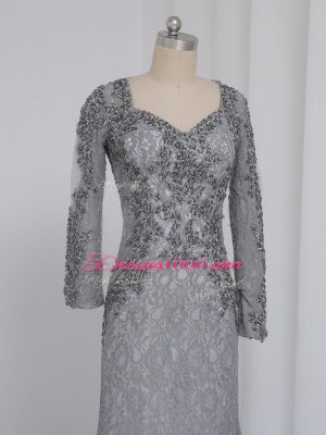 Grey Zipper Sweetheart Beading and Lace Mother of Groom Dress Lace Long Sleeves