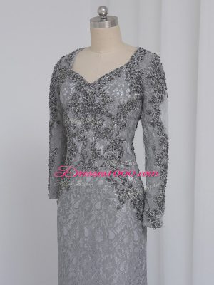 Grey Zipper Sweetheart Beading and Lace Mother of Groom Dress Lace Long Sleeves