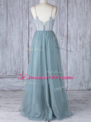 Spaghetti Straps Sleeveless Zipper Bridesmaid Dress Grey Tulle