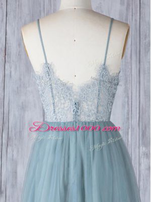 Spaghetti Straps Sleeveless Zipper Bridesmaid Dress Grey Tulle