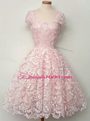 Vintage Baby Pink Cap Sleeves Lace Lace Up Wedding Guest Dresses for Prom and Party and Wedding Party